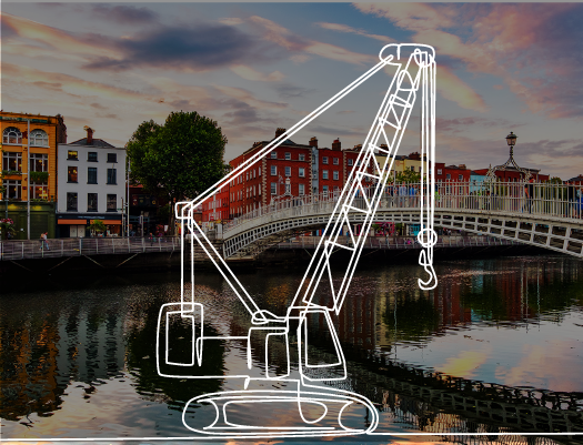 Crane illustration with Dublin in the background